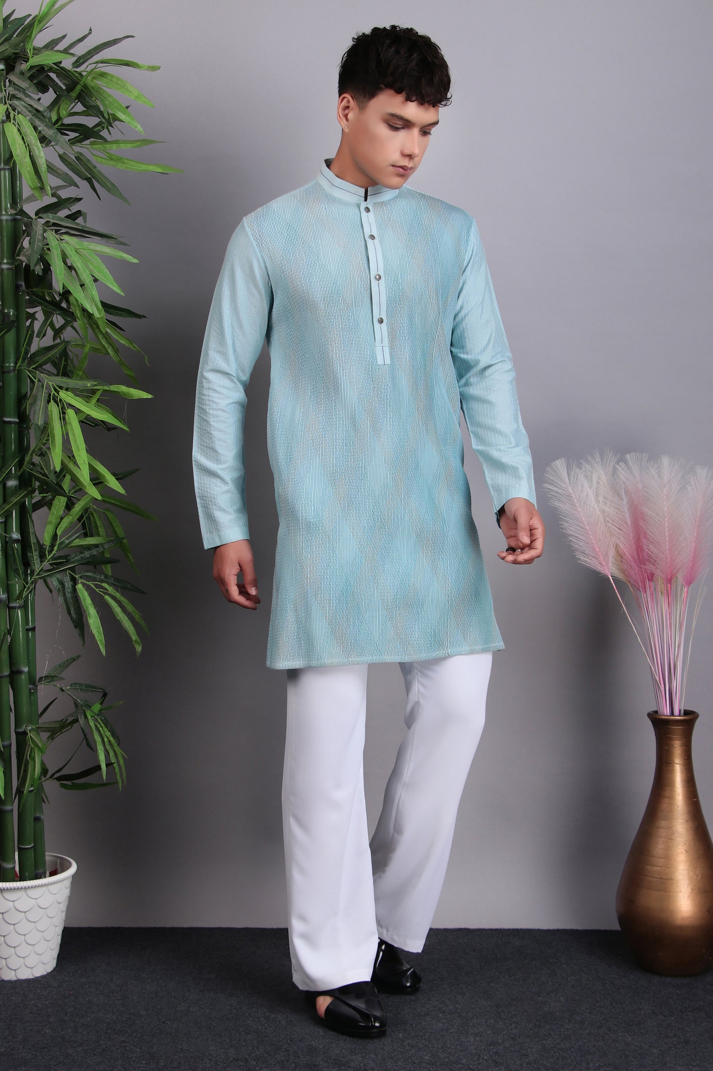 Back view - Men’s Kurta Set – Silk Cotton in Blue with Thread Work and Pintex Fabric Manipulation