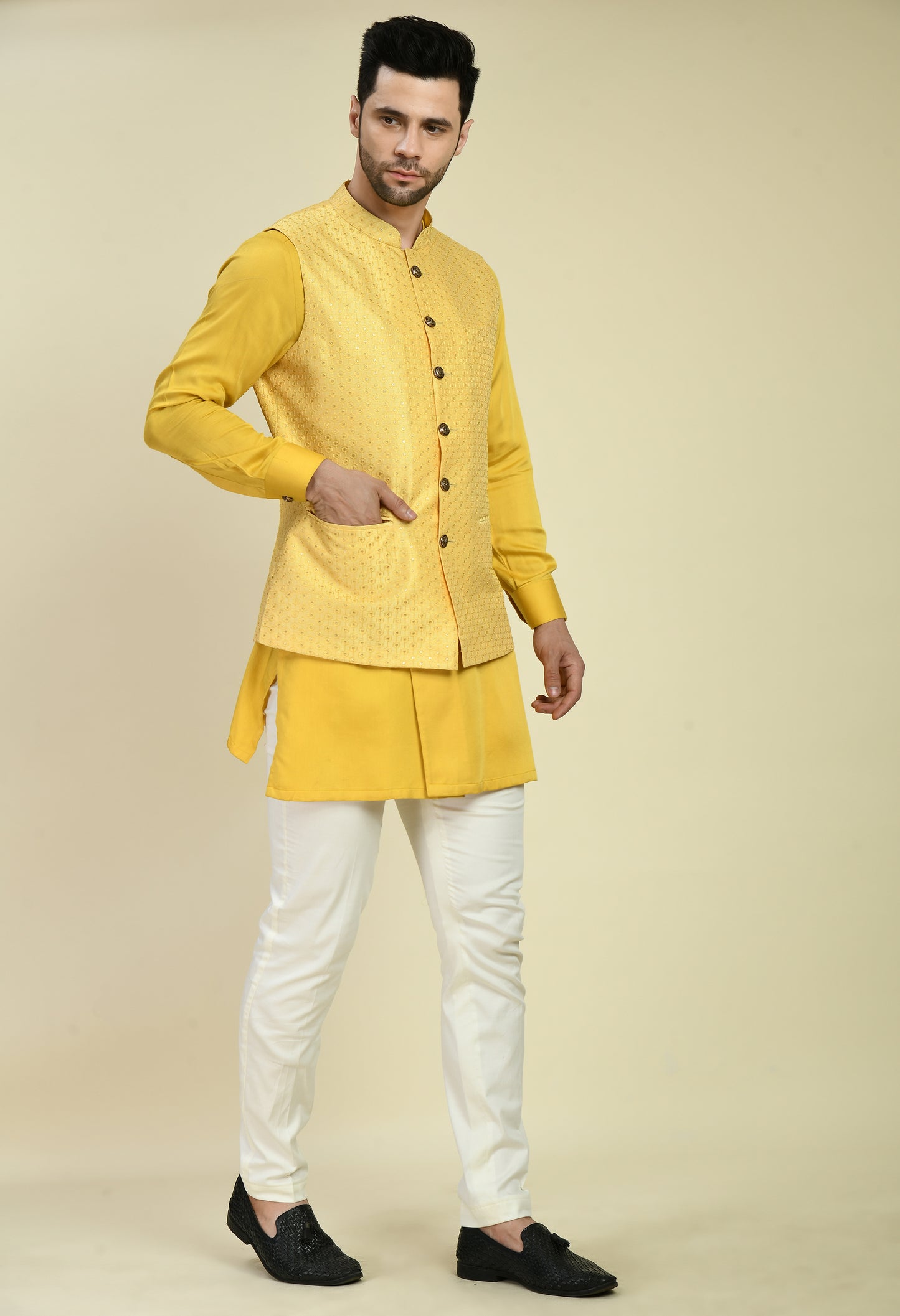 Back view - Men’s Nehru Jacket – Silk in Yellow with Silk Thread Embroidery