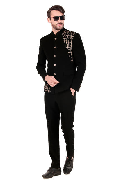 Men’s Bandhgala – Japanese Lycra in Black with Zari Embroidery | One Man Show