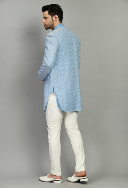 Men’s Indo-Western – Silk Georgette in Sky Blue with Floral Thread Work | One Man Show