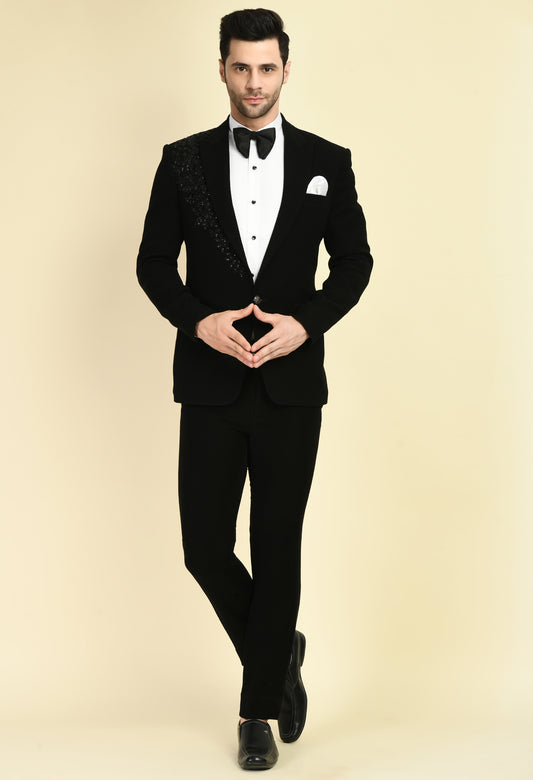 Front view - Men’s Tuxedo – Japanese Lycra in Black with Beads and Stone Work