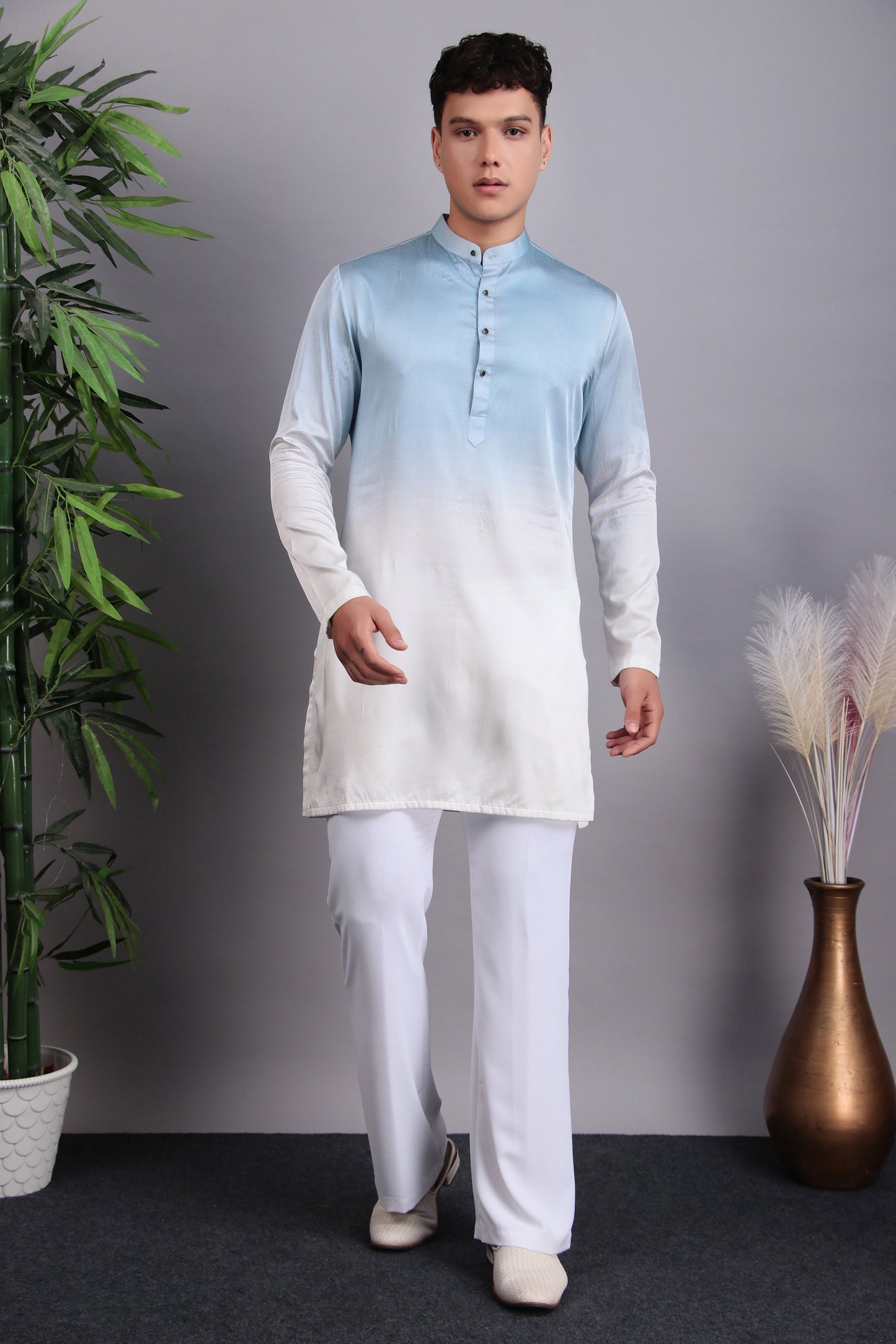 Detail view 5 - Men’s Kurta Set – Georgette Embroidered in Blue with Tie and Die Lapel Design