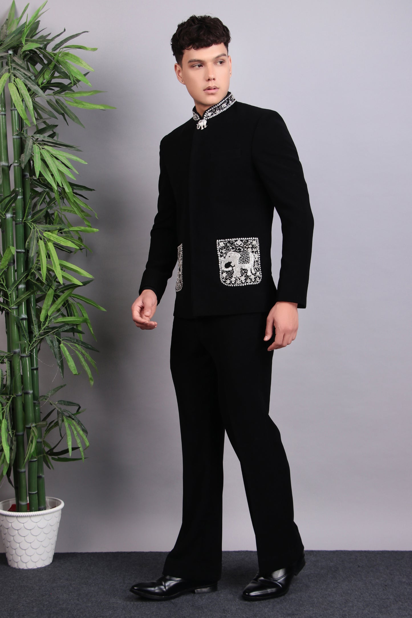 Side view - Men’s Bandhgala – Japanese Lycra in Black with Silver Silk Thread, Zari and Stones Embroidery