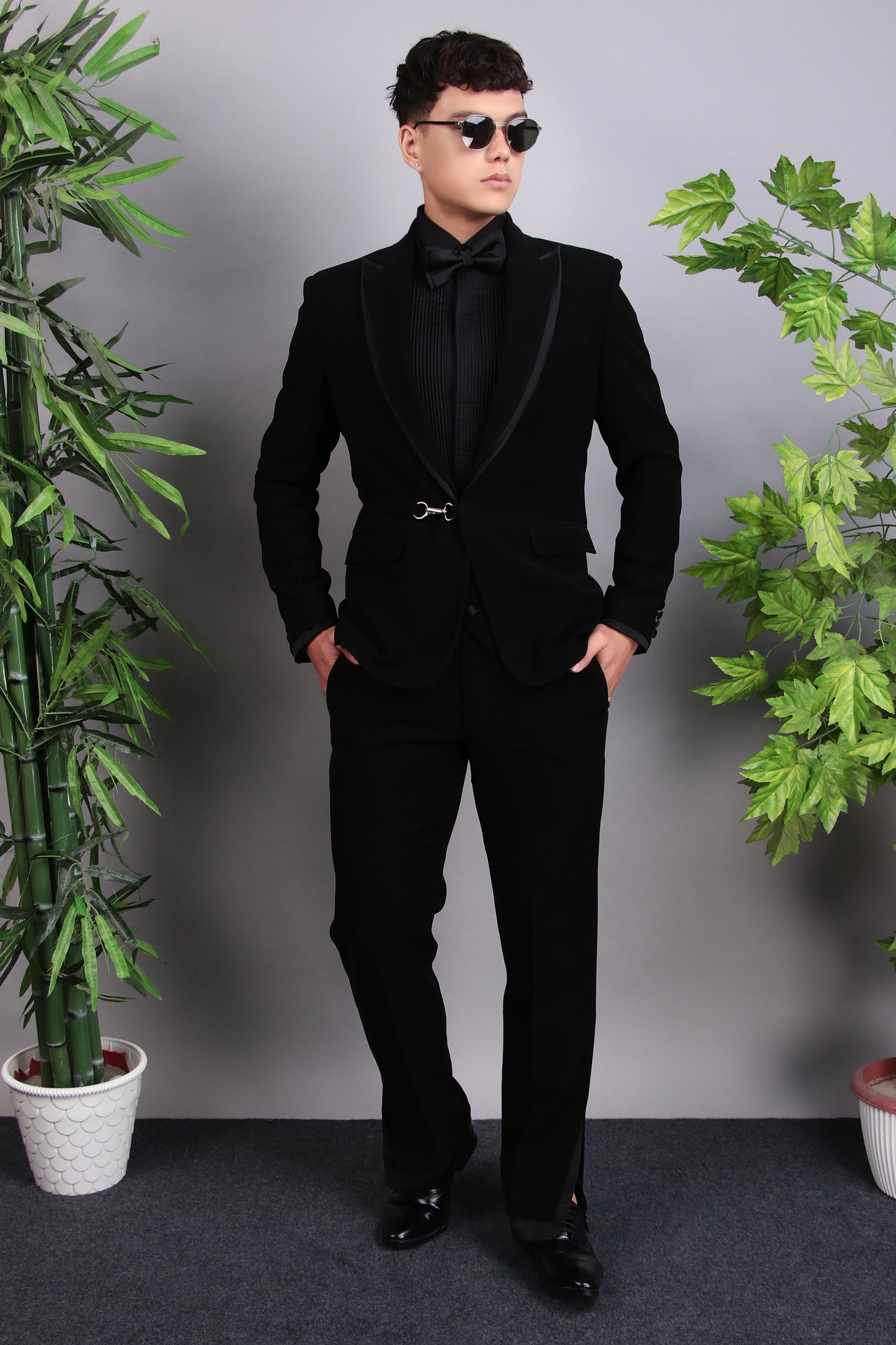 Front view - Men’s Tuxedo – Japanese Lycra in Black with Extended Front and Lapel Detailing