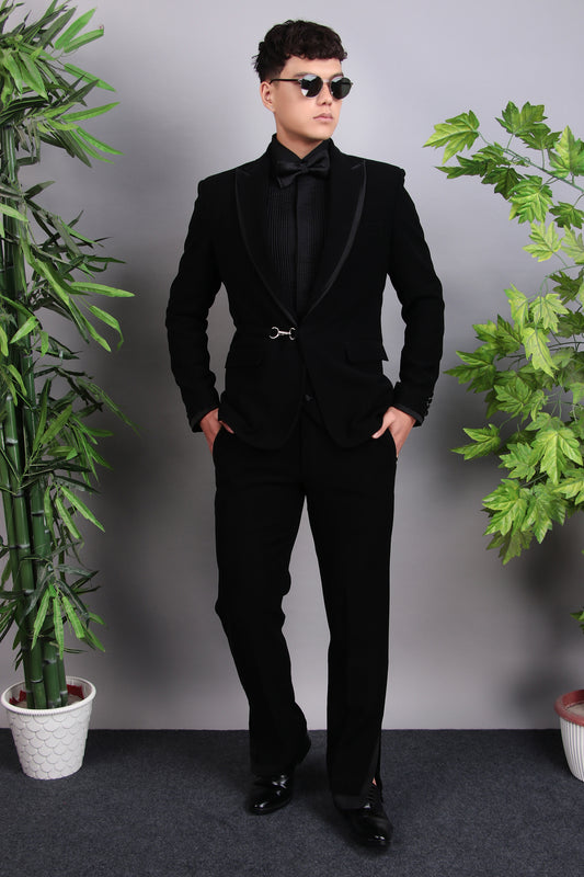 Front view - Men’s Tuxedo – Japanese Lycra in Black with Extended Front and Lapel Detailing