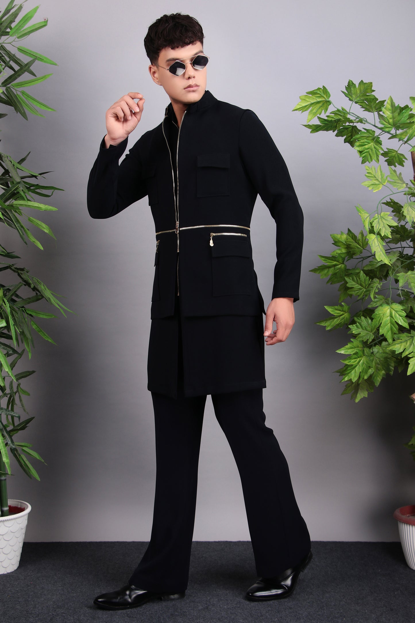 Detail view 3 - Men’s Nehru Jacket – Japanese Lycra in Blue with Designer Zip Front