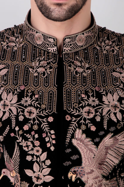 Men’s Bandhgala – Japanese Lycra in Black with Royal Palace Theme Embroidery | One Man Show