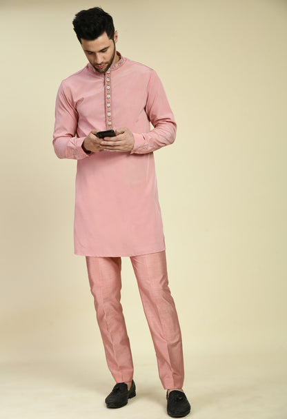 Men’s Indo-Western – Silk Georgette in Pink with Floral Multi Thread Embroidery | One Man Show