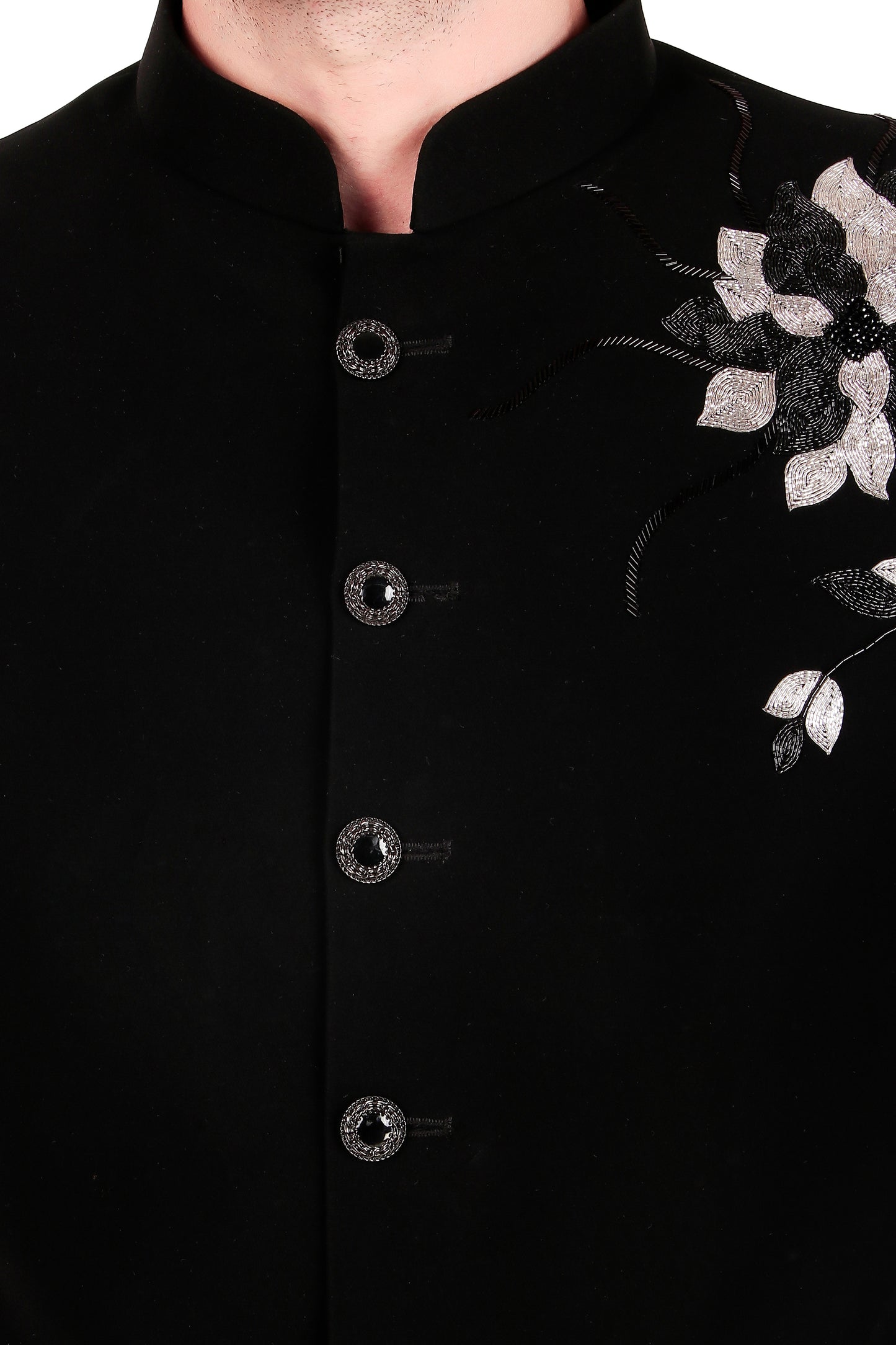Detail view 3 - Men’s Bandhgala – Japanese Lycra in Black with Shoulder Placement Embroidery