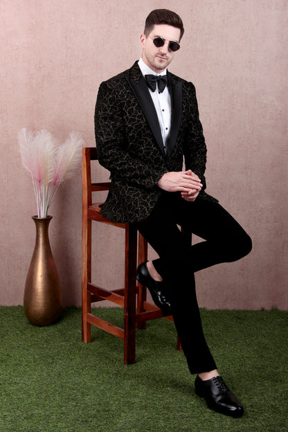 Men’s Tuxedo – Japanese Lycra in Black with Abstract Zari Embroidery | One Man Show