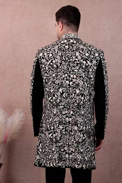 Men’s Sherwani – Japanese Lycra in Black with Silk Thread Floral Embroidery | One Man Show