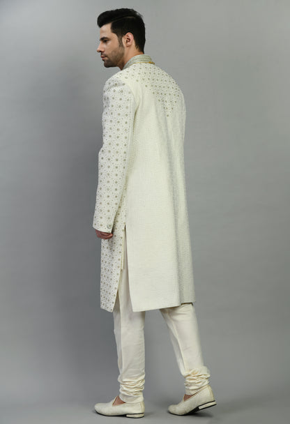Men’s Sherwani – Silk in Ivory with Detailed Hand Embroidery Allover | One Man Show