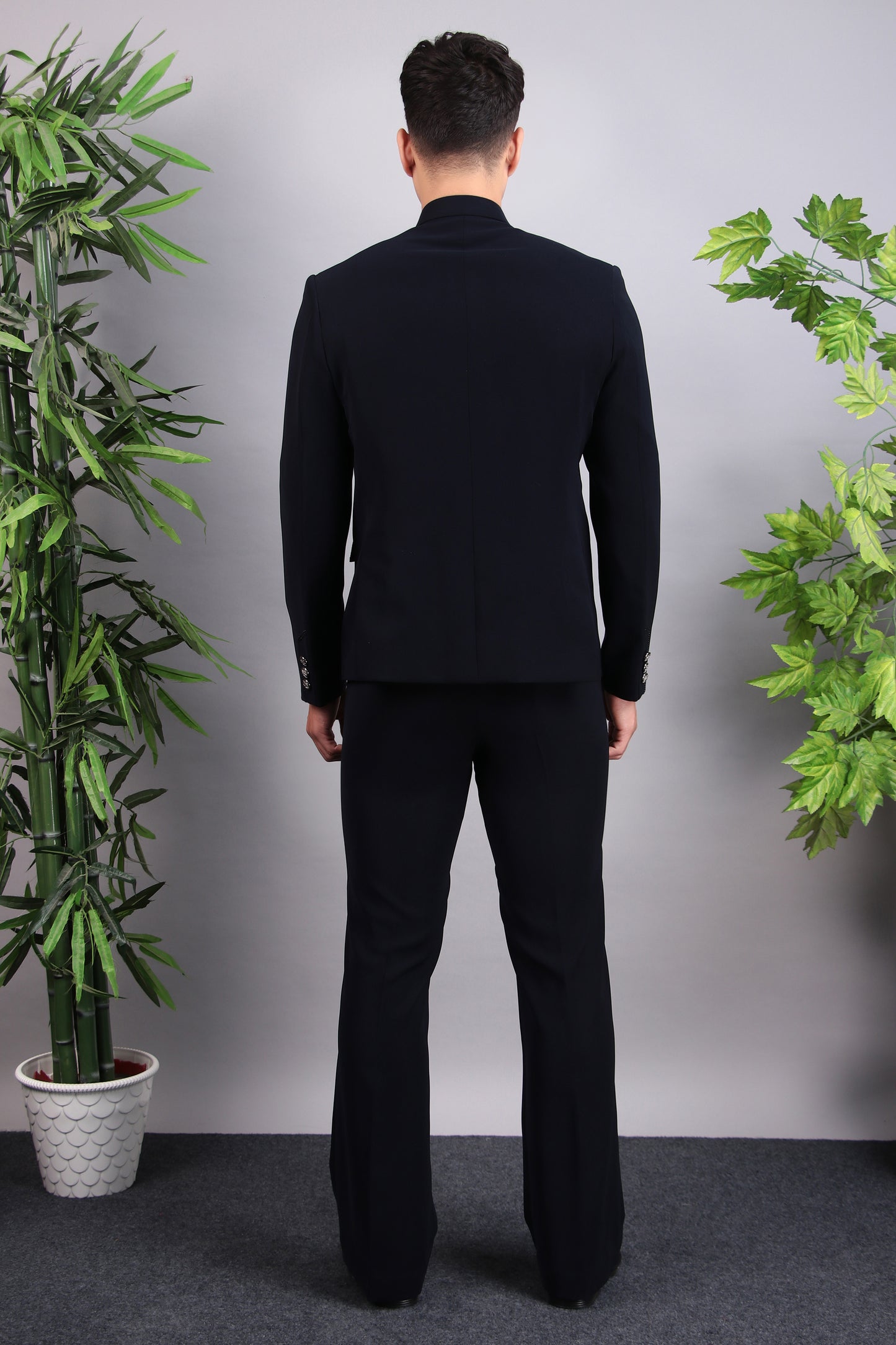 Detail view 5 - Men’s Bandhgala – Cotton Velvet in Midnight Blue with Hand Embroidery