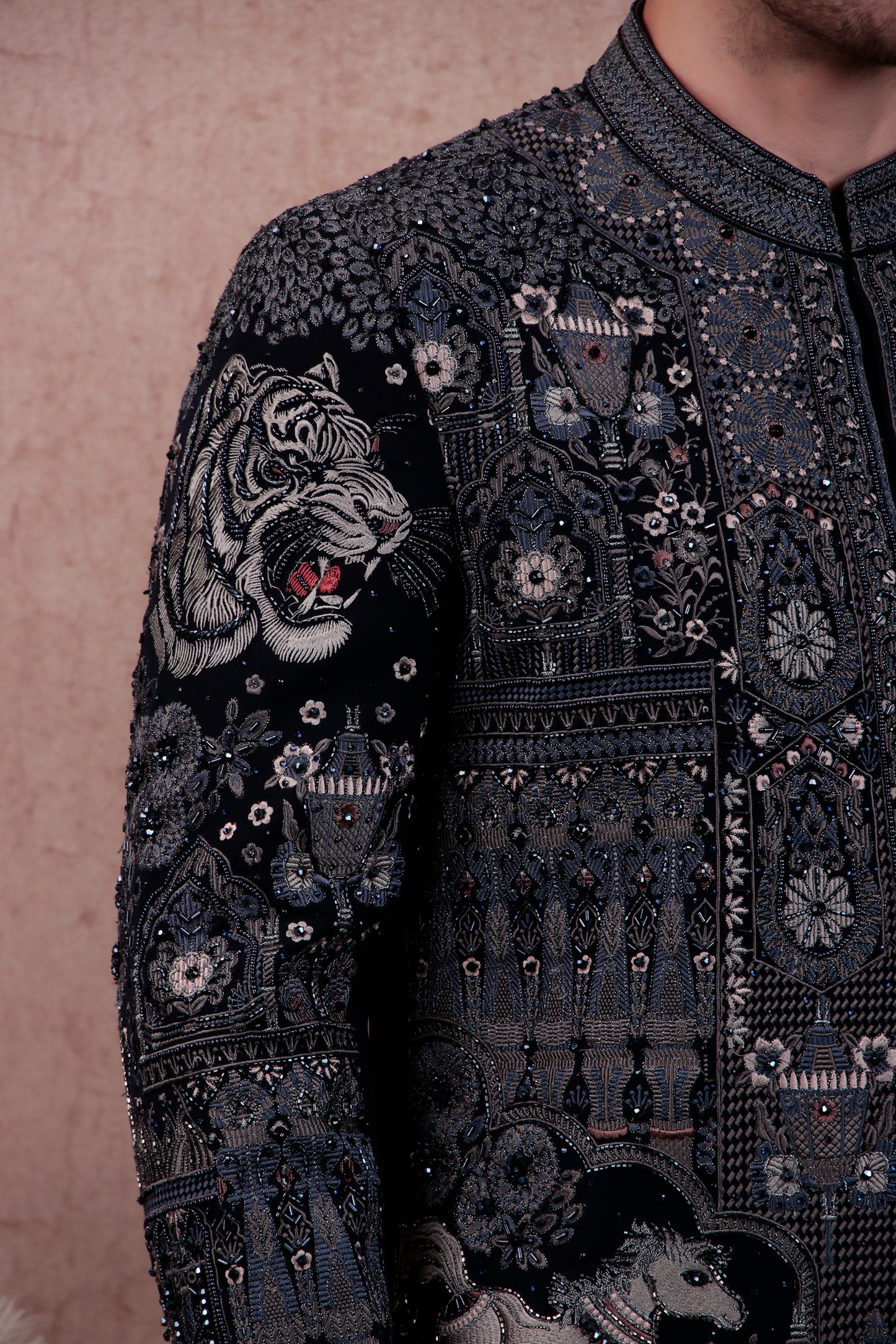 Detail view 3 - Men’s Bandhgala – Japanese Lycra in Navy Blue with Theme Embroidery Nature