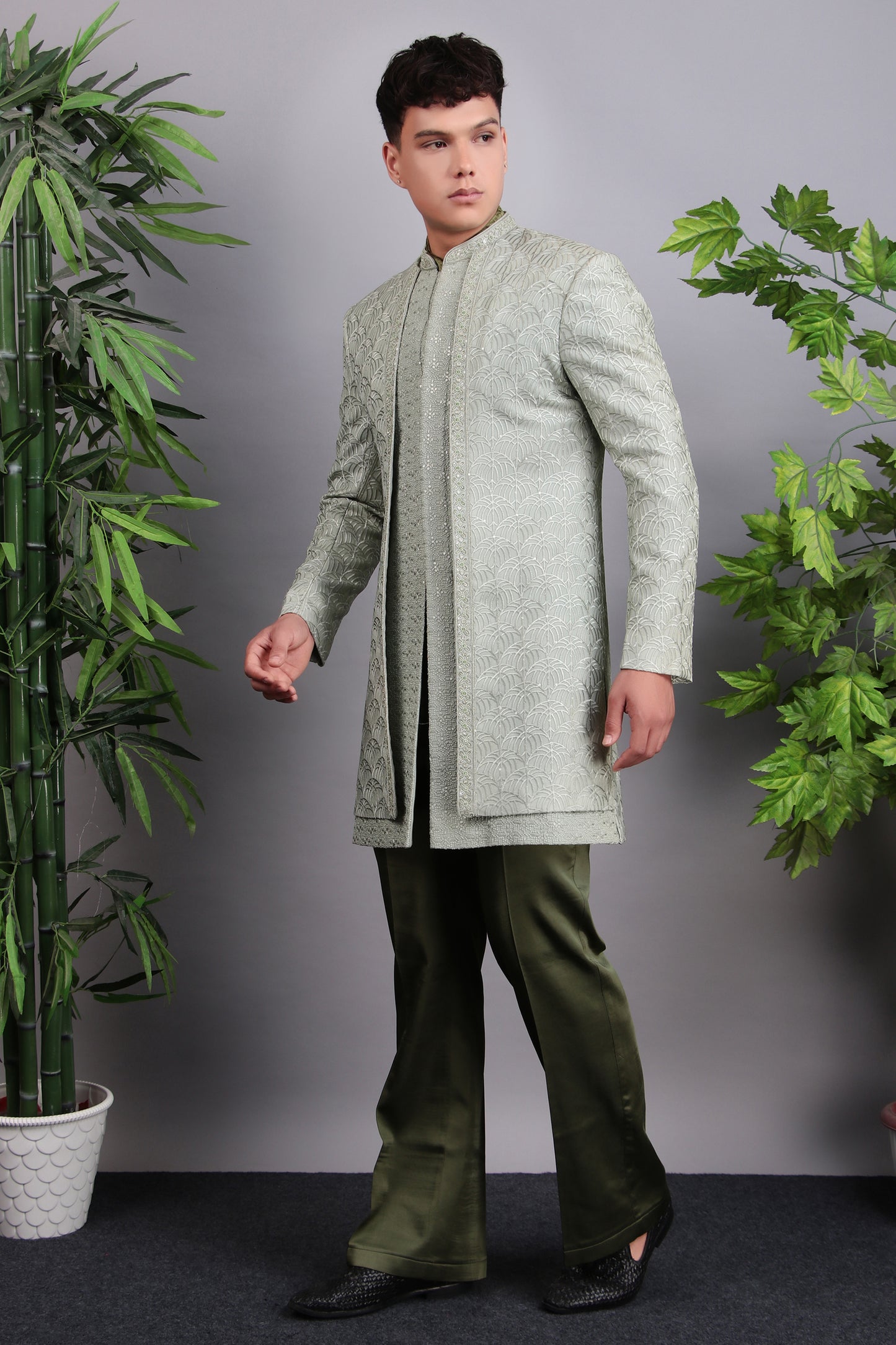 Front view - Men’s Indo-Western – Georgette Embroidered in Green with Hand Embroidery