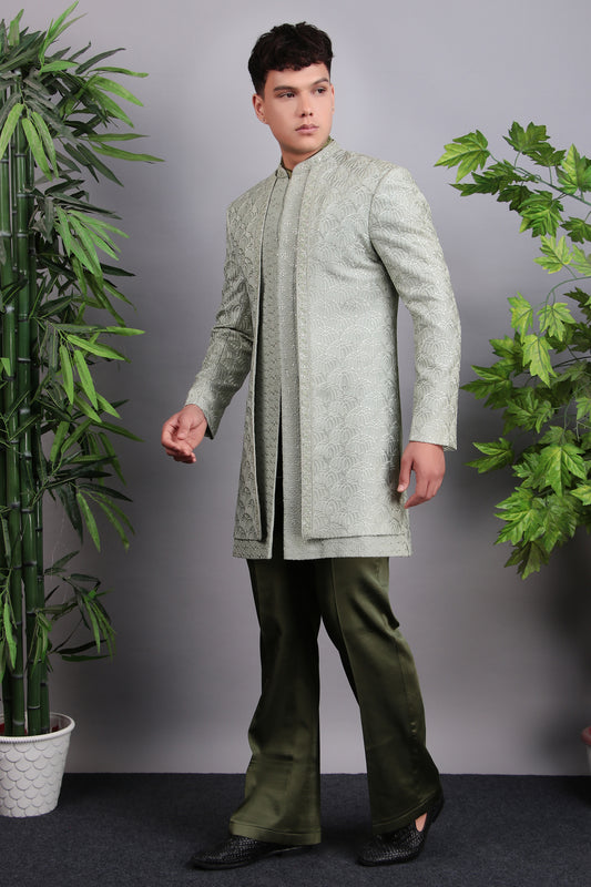 Front view - Men’s Indo-Western – Georgette Embroidered in Green with Hand Embroidery