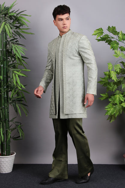 Men’s Indo-Western – Georgette Embroidered in Green with Hand Embroidery | One Man Show