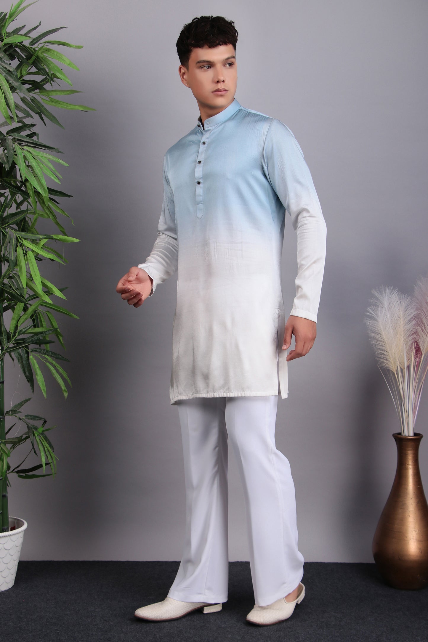 Detail view 4 - Men’s Kurta Set – Georgette Embroidered in Blue with Tie and Die Lapel Design