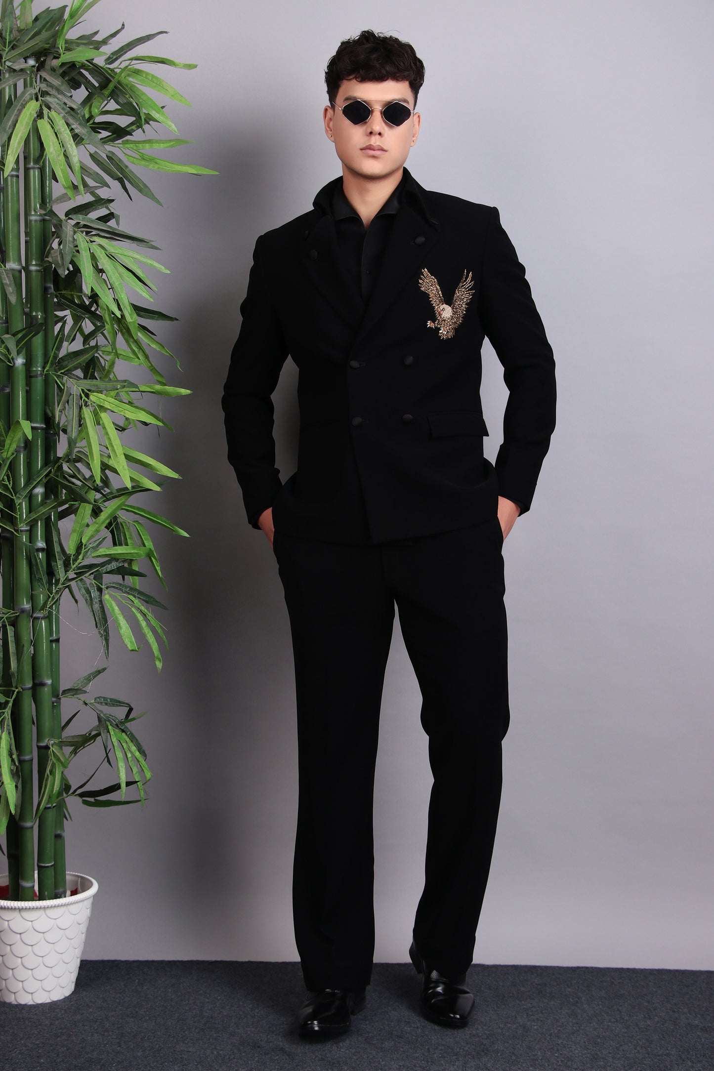 Detail view 8 - Men’s Tuxedo – Japanese Lycra in Black with Eagle Motif Embroidery
