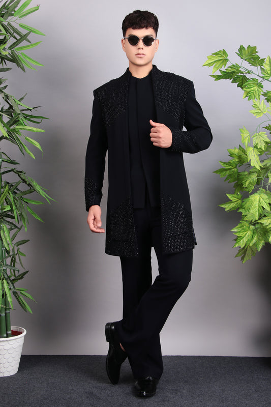 Front view - Men’s Indo-Western – Japanese Lycra in Midnight Blue with Beads and Stones Embroidery