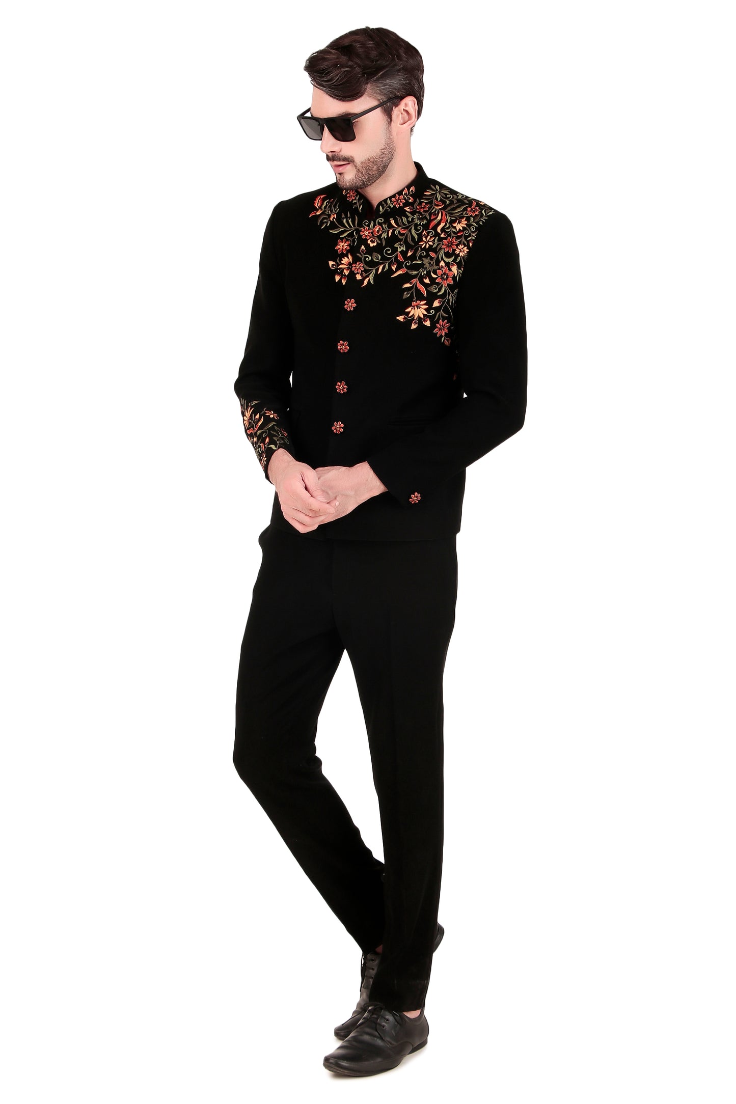 Detail view 5 - Men’s Bandhgala – Japanese Lycra in Black with Angrakha Bandhgala & Silk Thread Embroidery