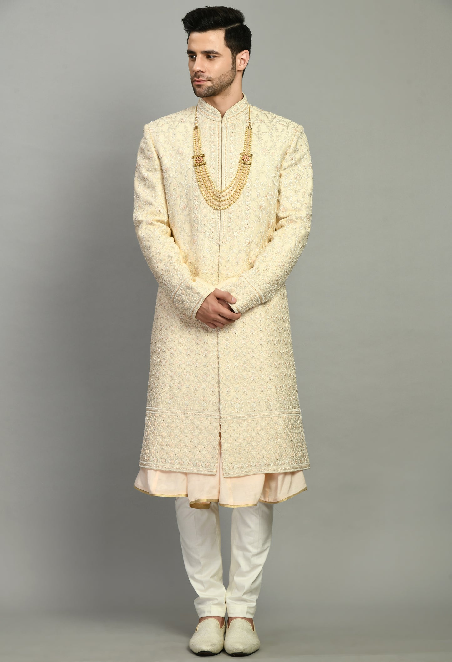 Front view - Men’s Sherwani – Silk in Cream with Detailed Hand Embroidery