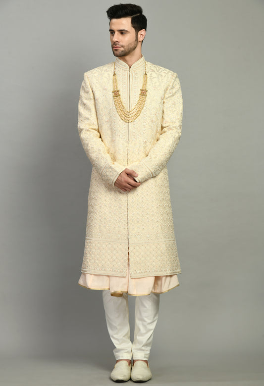 Front view - Men’s Sherwani – Silk in Cream with Detailed Hand Embroidery