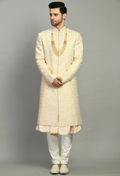 Men’s Sherwani – Silk in Cream with Detailed Hand Embroidery | One Man Show