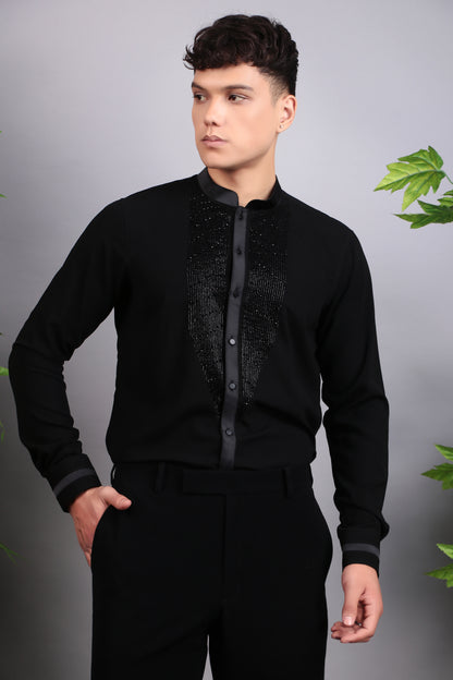 Men’s Shirt – Korean Wrinkle Free in Black with Front Beads Embroidery | One Man Show