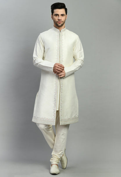 Men’s Sherwani – Silk in Ivory with Detailed Hand Embroidery Allover | One Man Show