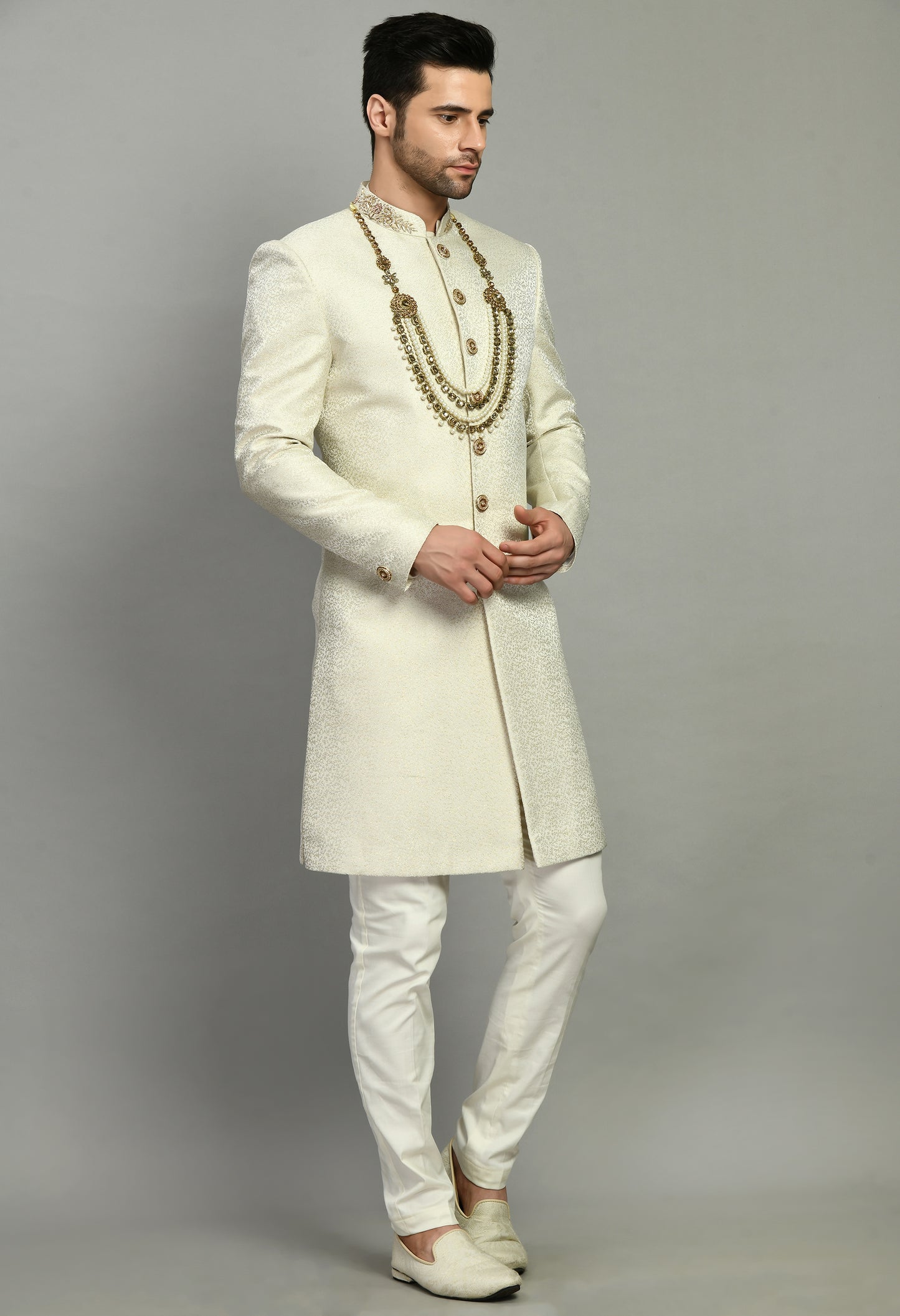 Front view - Men’s Sherwani – Silk in Ivory with Detailed Hand Embroidery Allover