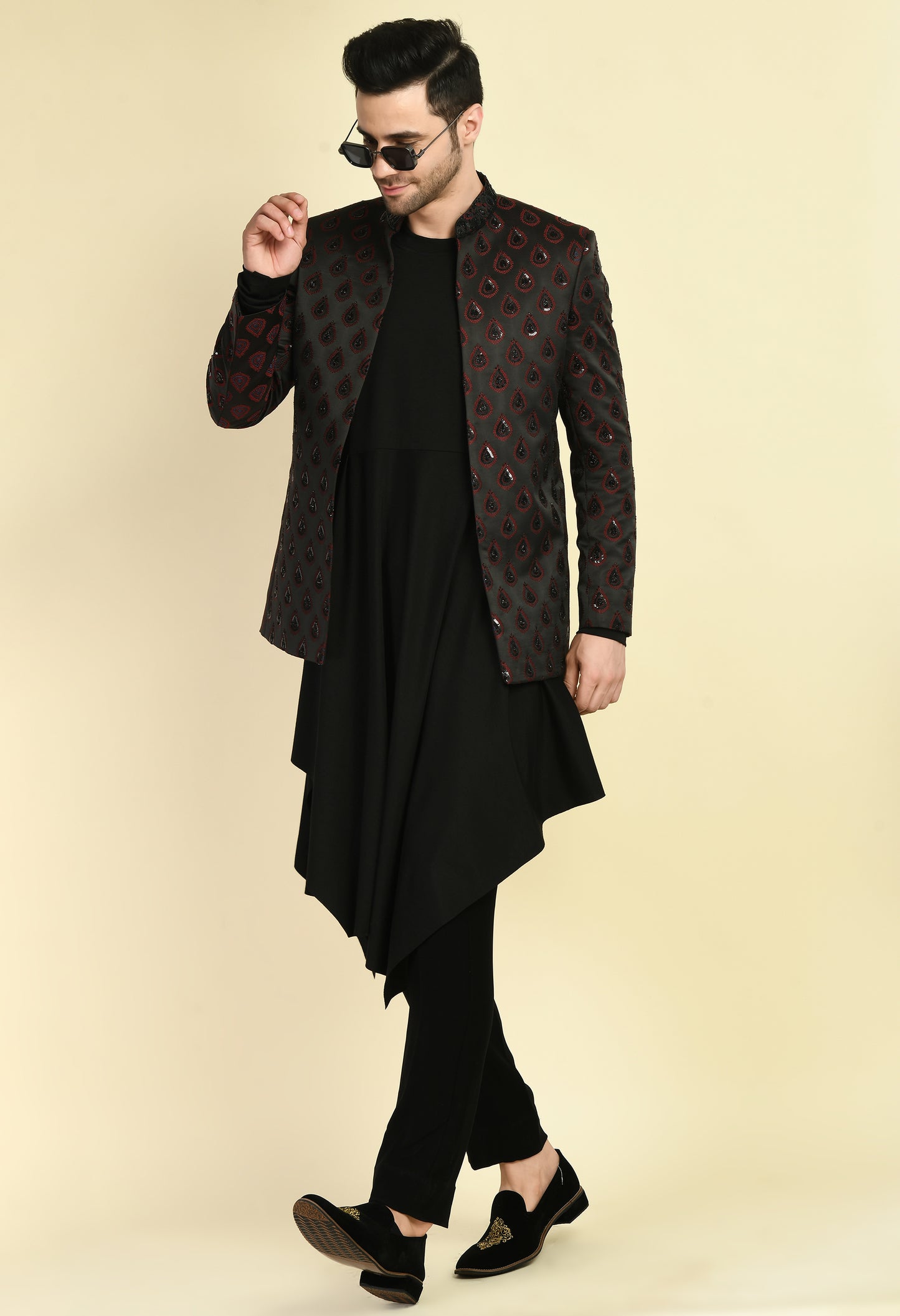 Detail view 3 - Men’s Indo-Western – Silk Jaquard in Black with Geometric Motif Embroidery