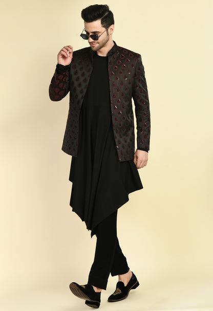 Men’s Indo-Western – Silk Jaquard in Black with Geometric Motif Embroidery | One Man Show