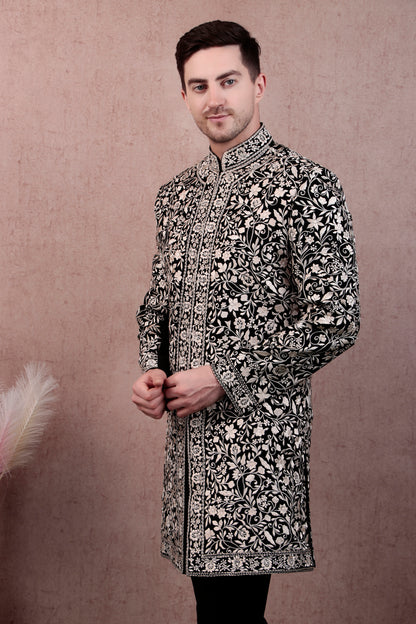 Men’s Sherwani – Japanese Lycra in Black with Silk Thread Floral Embroidery | One Man Show