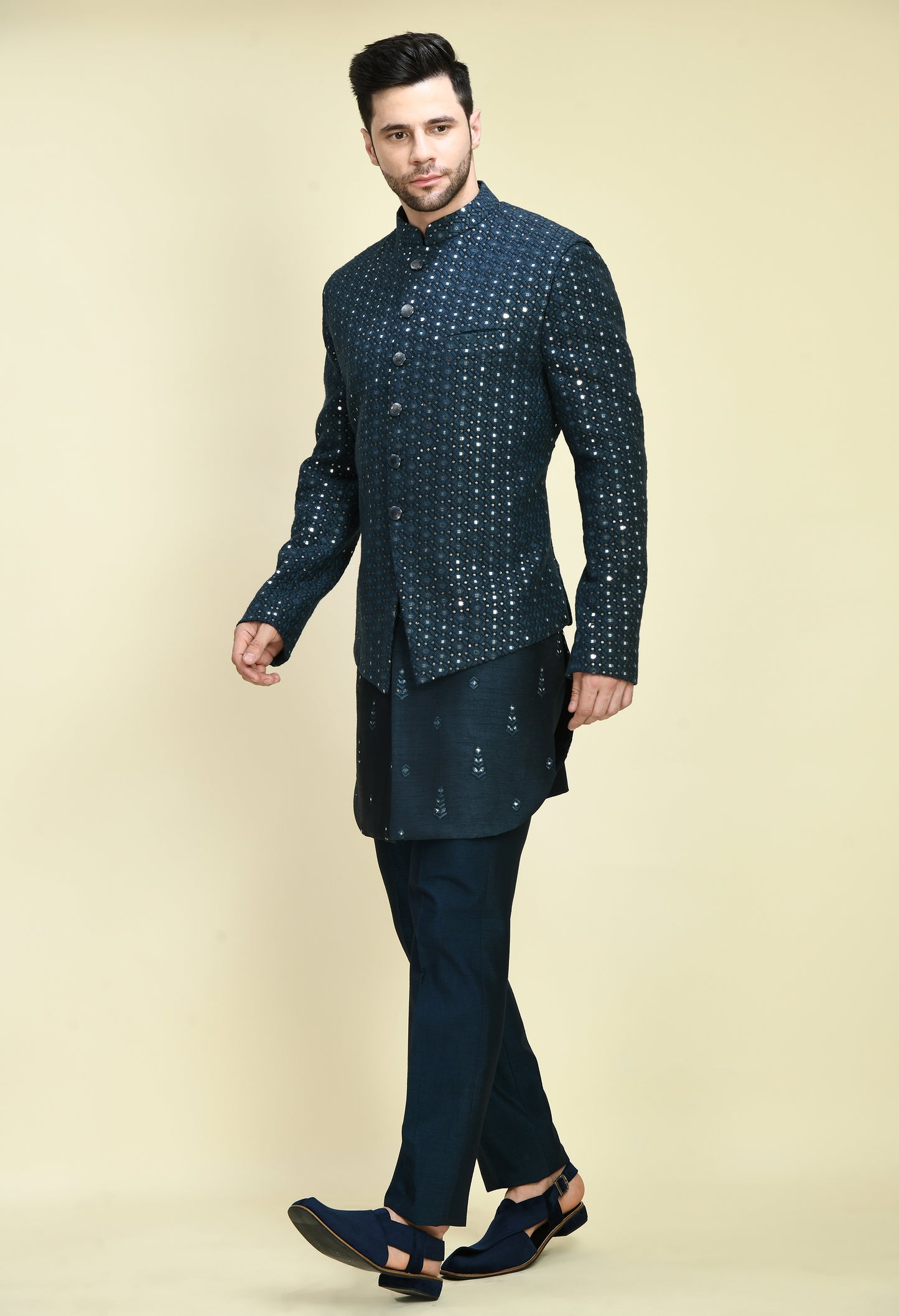 Front view - Men’s Nehru Jacket – Silk Georgette in Teal Blue with Silk Thread and Mirrorwork Embroidery