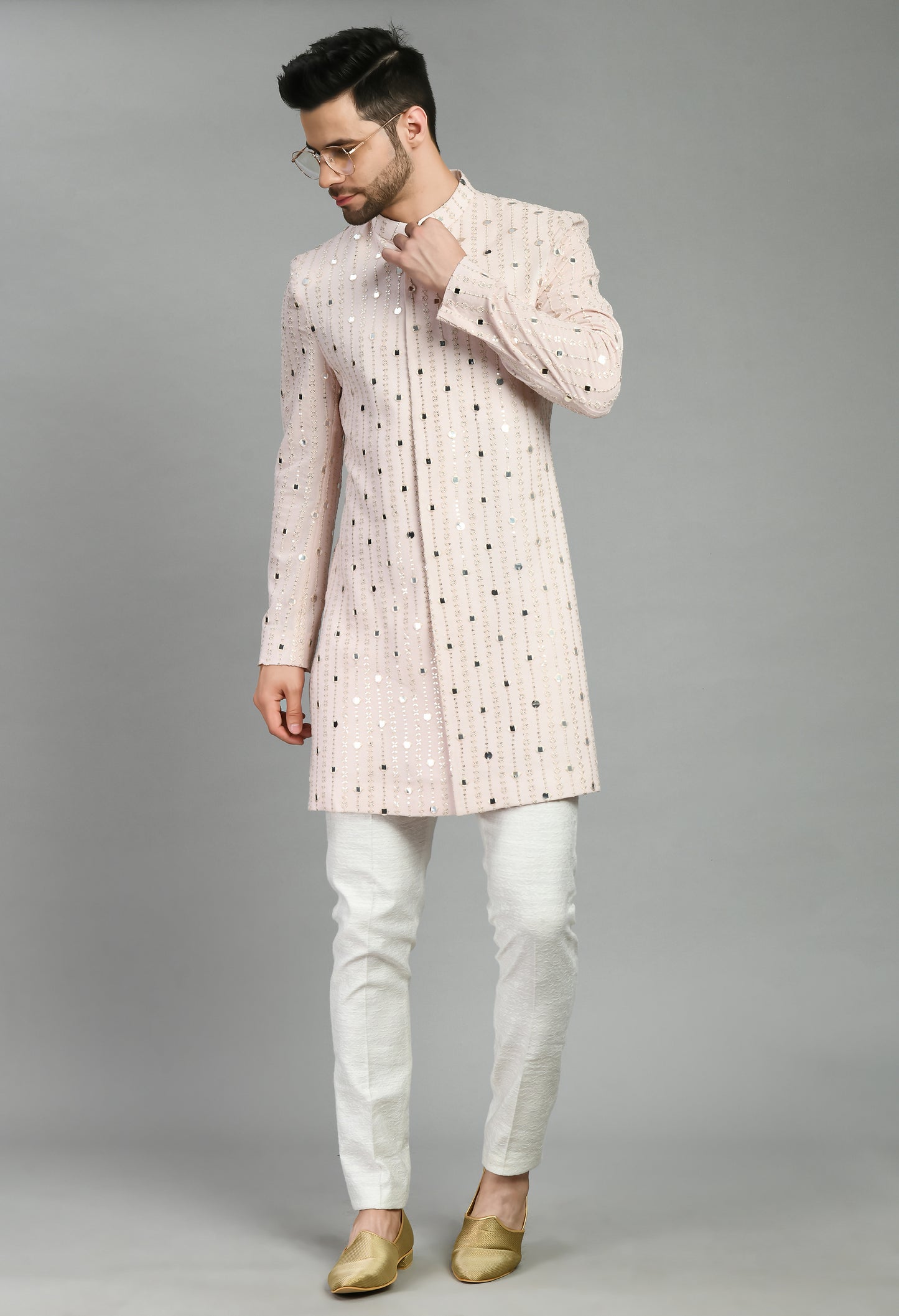 Detail view 2 - Men’s Indo-Western – Silk Georgette in Pink with Mirror Work Embroidery