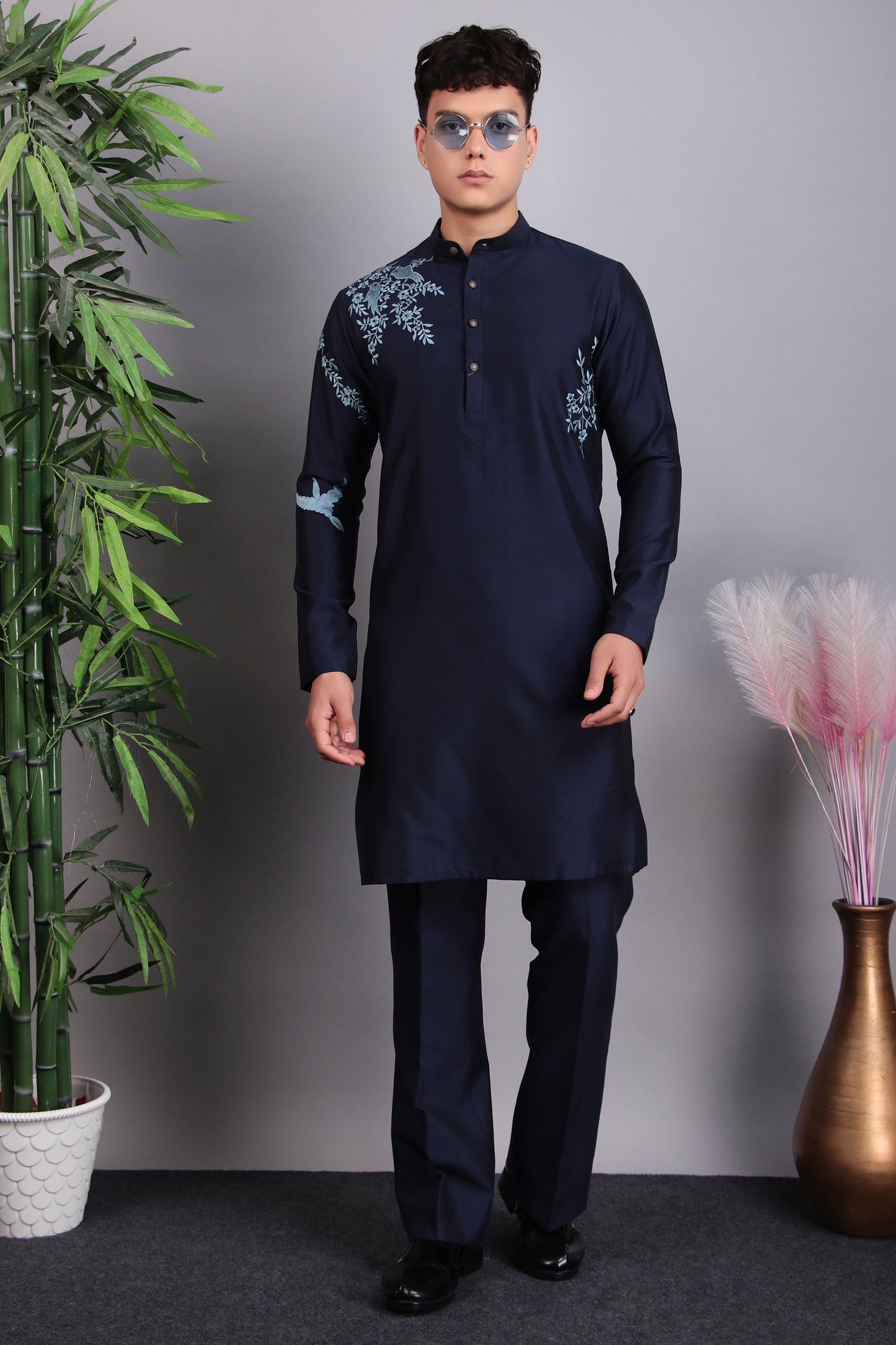 Detail view 3 - Men’s Kurta Set – Silk in Blue with Blue Silk Thread Placement Embroidery