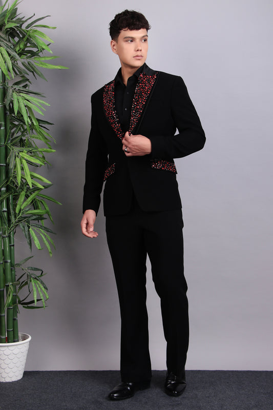 Front view - Men’s Tuxedo – Japanese Lycra in Black with Abstract Stones Embroidery