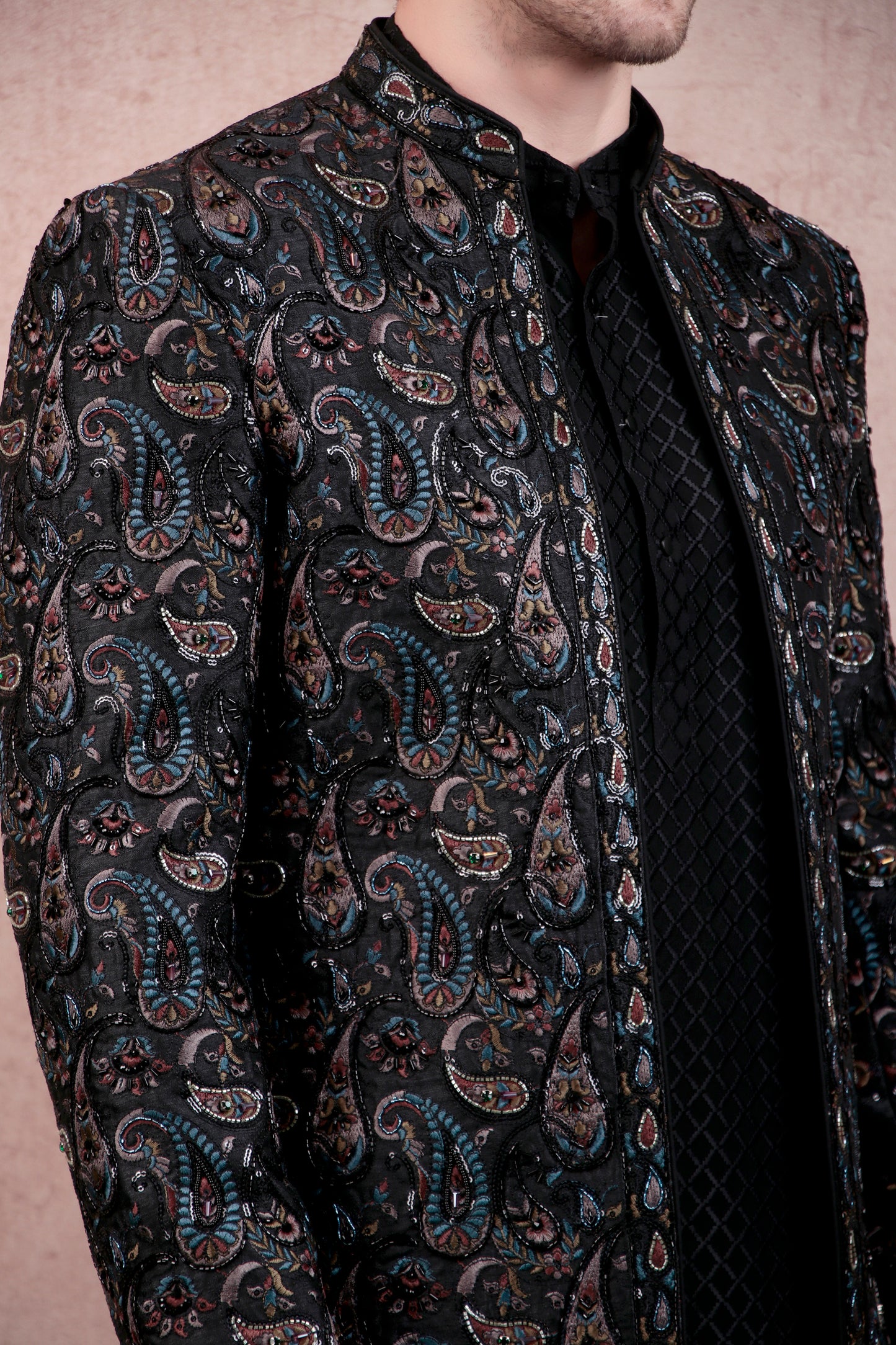 Detail view 5 - Men’s Sherwani – Georgette in Black with Silk Thread Paisley Embroidery