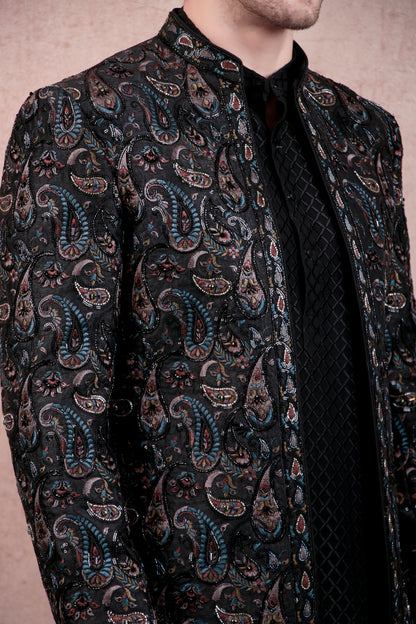 Men’s Sherwani – Georgette in Black with Silk Thread Paisley Embroidery | One Man Show
