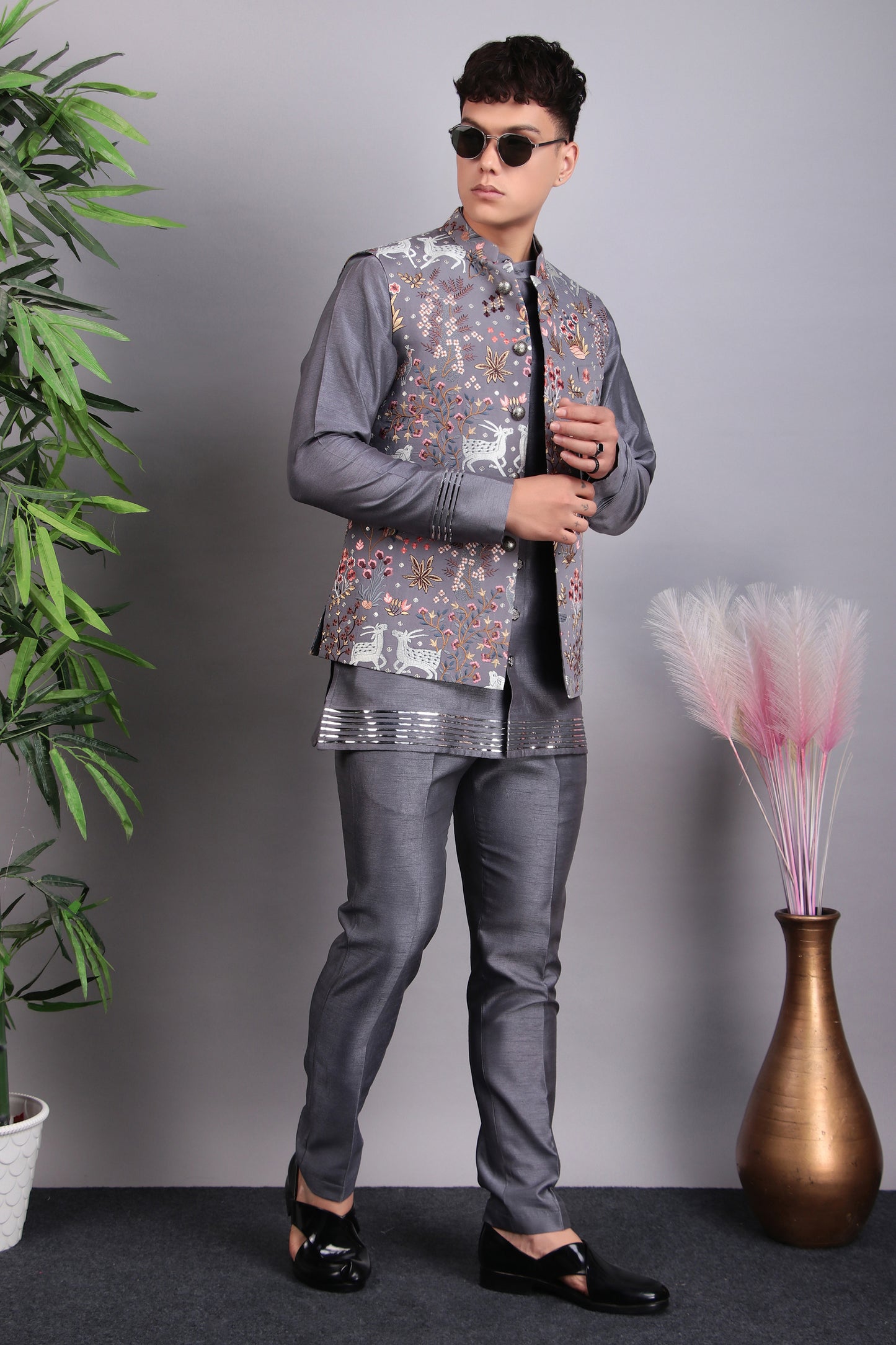 Detail view 6 - Men’s Nehru Jacket – Silk Embroidered Fabric in Grey with Multi Color Thread Embroidery