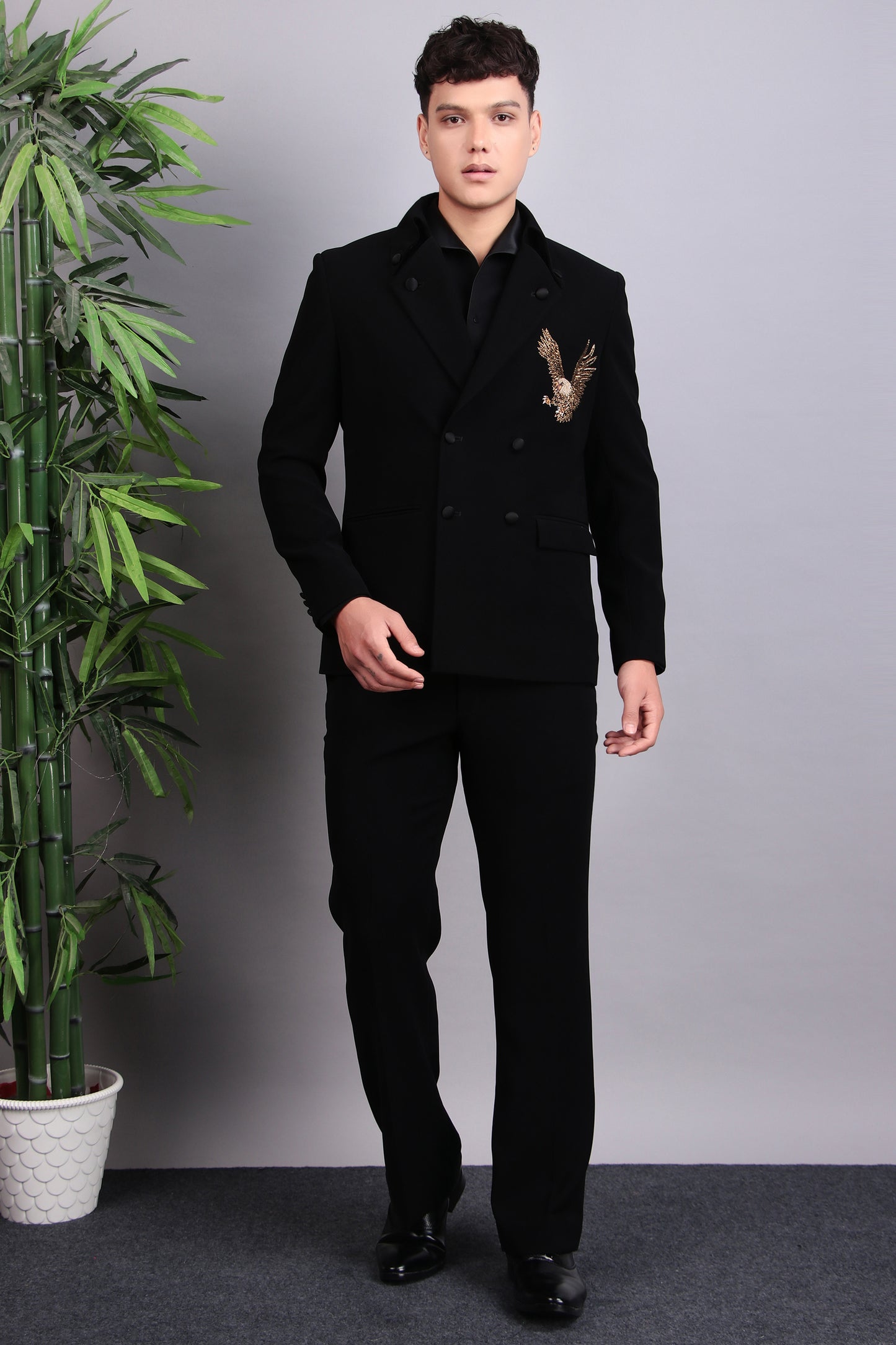 Side view - Men’s Tuxedo – Japanese Lycra in Black with Eagle Motif Embroidery