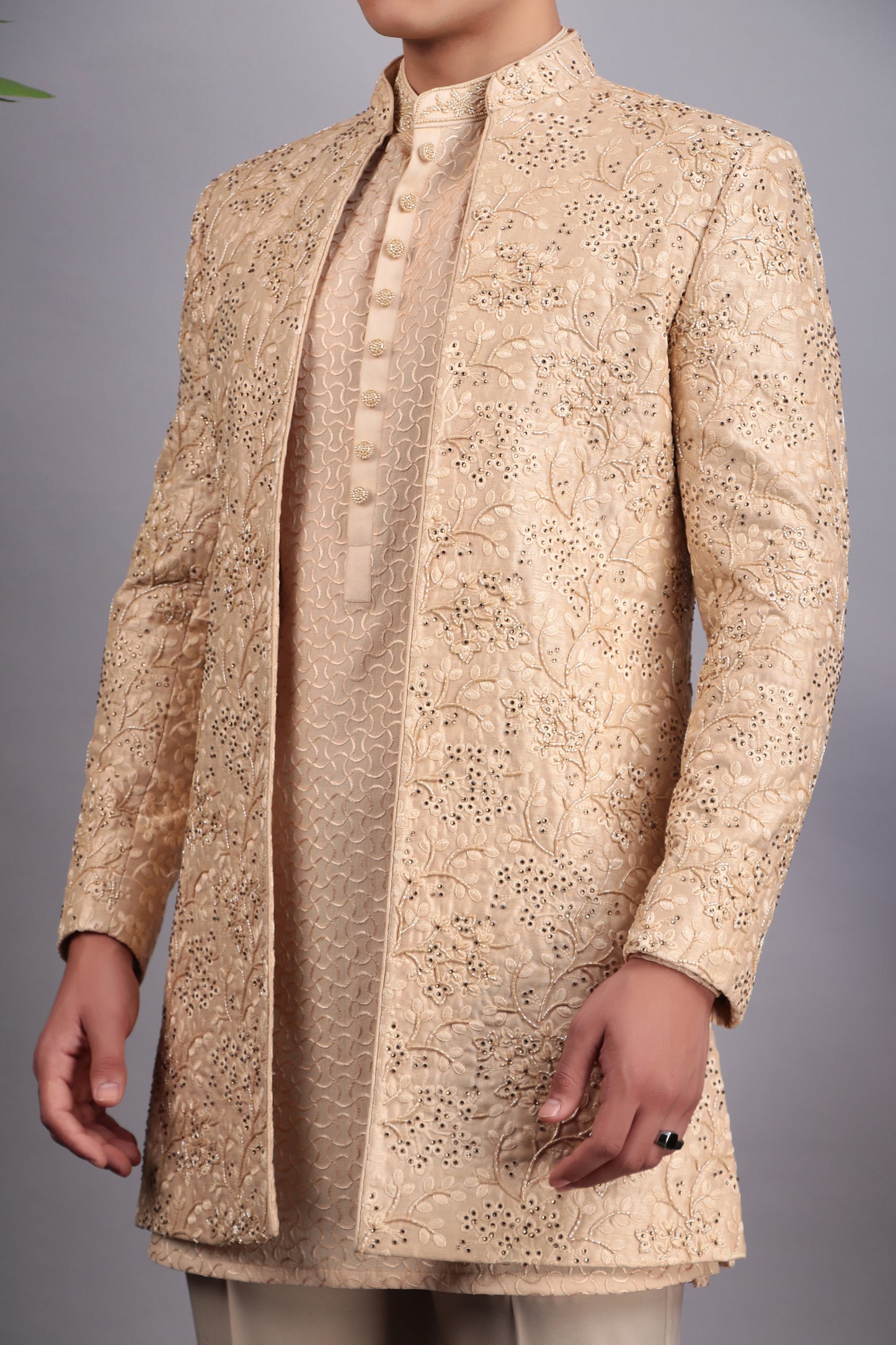 Detail view 2 - Men’s Indo-Western – Silk Embroidered Fabric in Beige with Floral Hand Embroidery