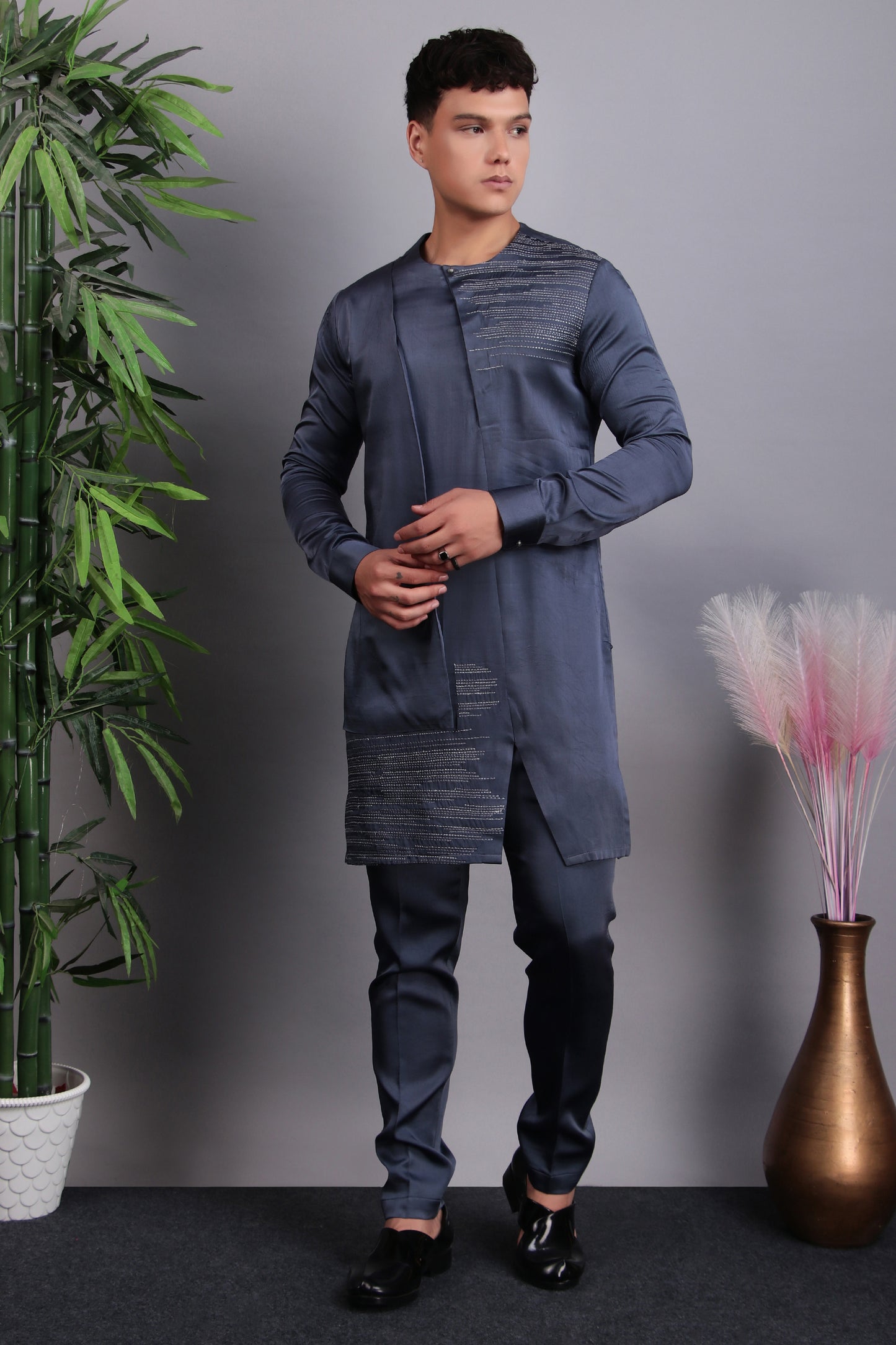 Back view - Men’s Kurta Set – Modal Satin in Grey with Silk Thread Embroidery & Asymmetric Cut