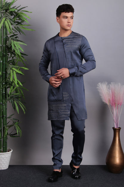 Men’s Kurta Set – Modal Satin in Grey with Silk Thread Embroidery & Asymmetric Cut | One Man Show