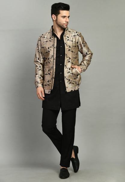 Men’s Indo-Western Set – Silk Print in Cream and Black with Floral Print Bomber Jacket | One Man Show