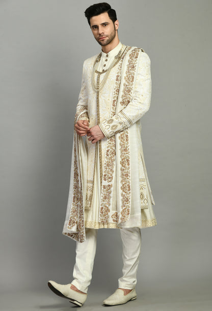 Men’s Sherwani – Silk in Ivory with Detailed Hand Embroidery Allover | One Man Show