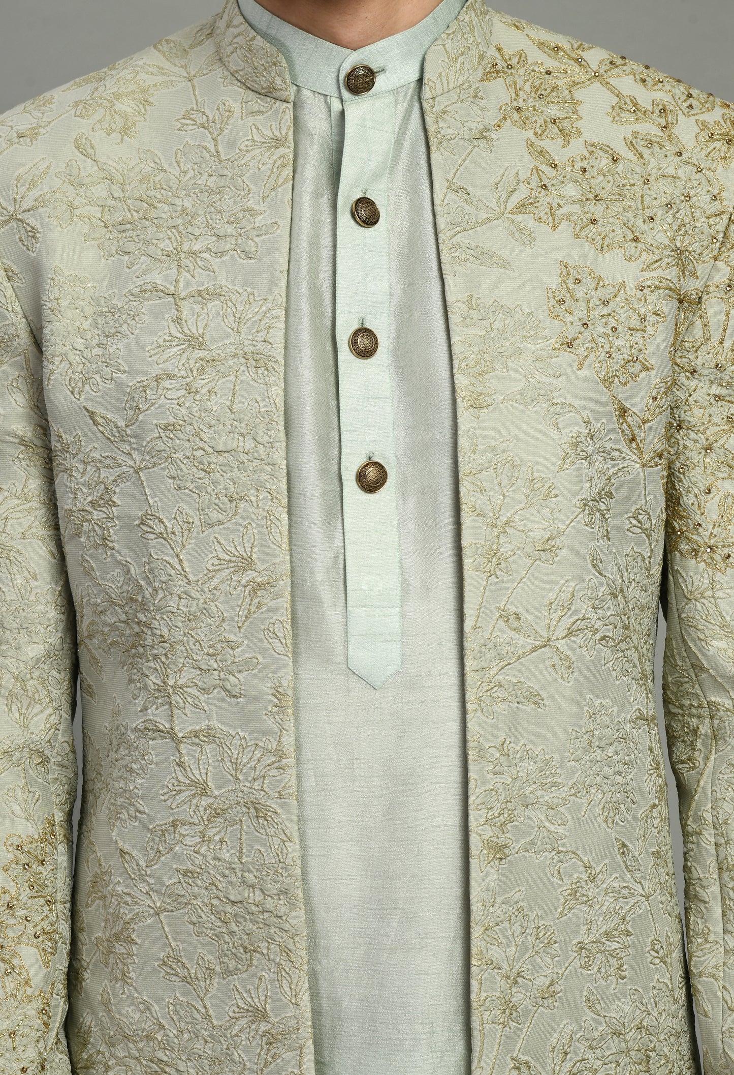 Detail view 2 - Men’s Indo-Western – Silk Jaquard in Green with Placement Embroidery