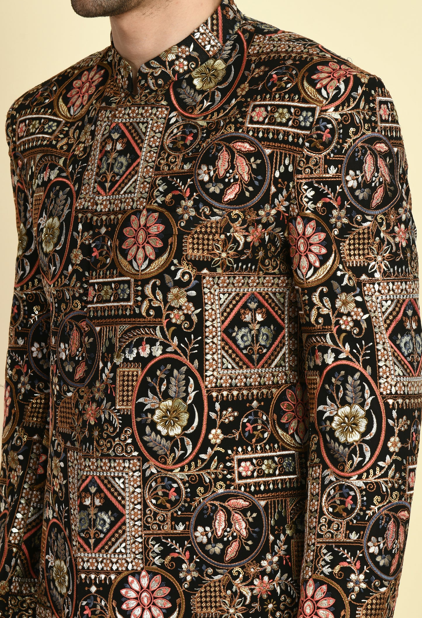Back view - Men’s Indo-Western – Silk Georgette in Multi Color with Abstract Silk Thread Embroidery