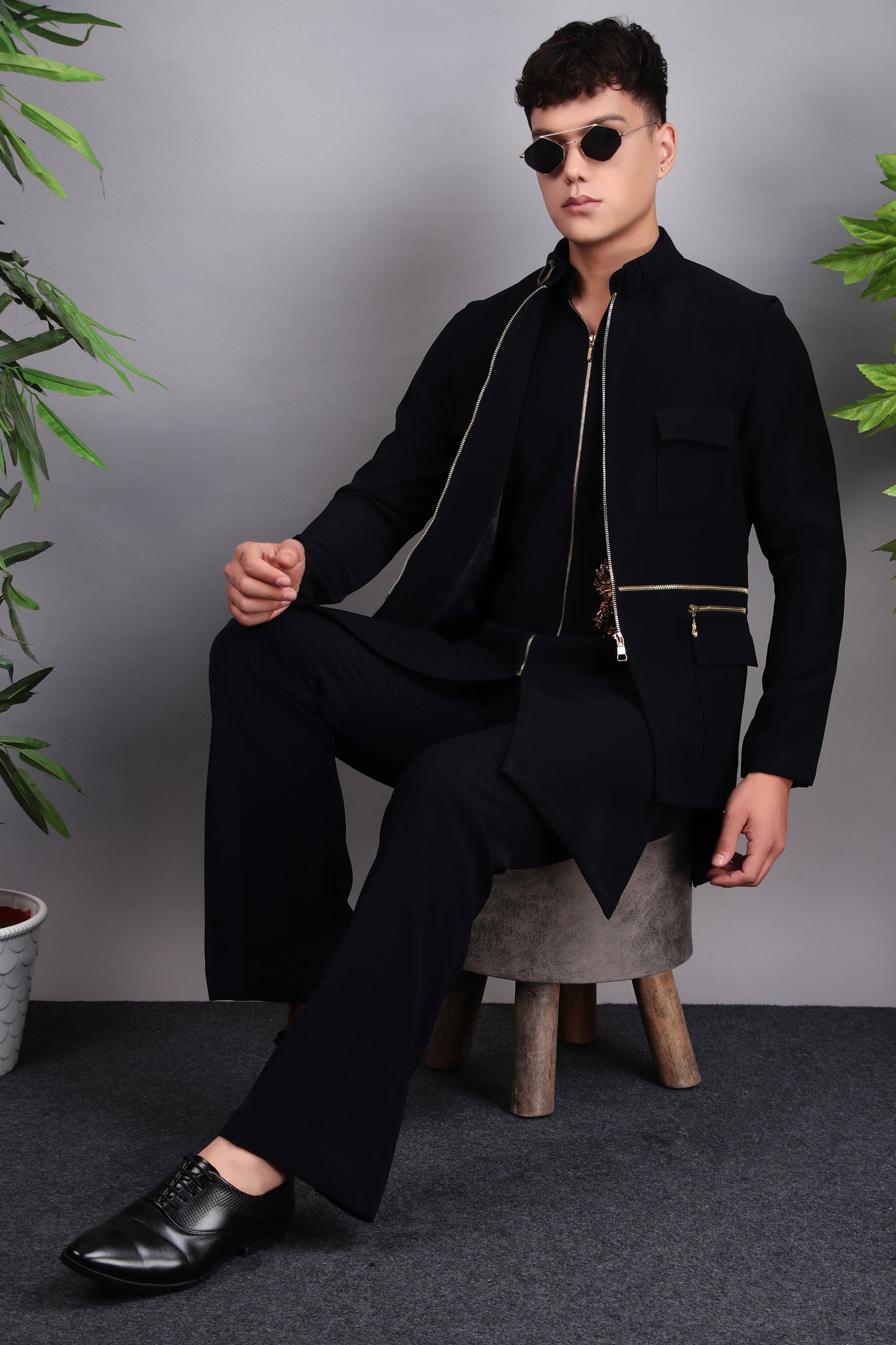 Detail view 4 - Men’s Nehru Jacket – Japanese Lycra in Blue with Designer Zip Front